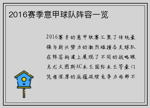 2016赛季意甲球队阵容一览
