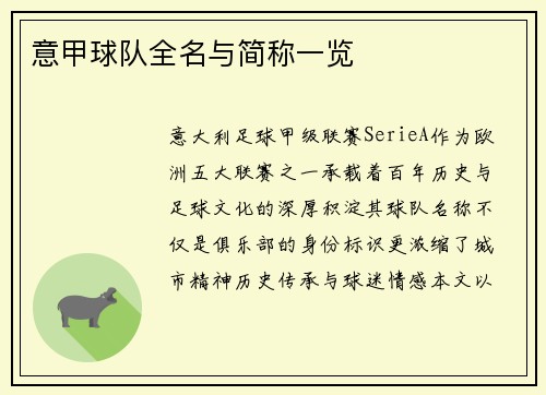 意甲球队全名与简称一览